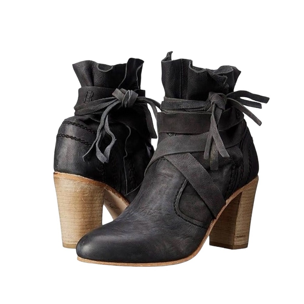 Free People Seven Wonders Leather Ankle Boots Open Toe Booties / Dark Charcoal - Picture 1 of 13